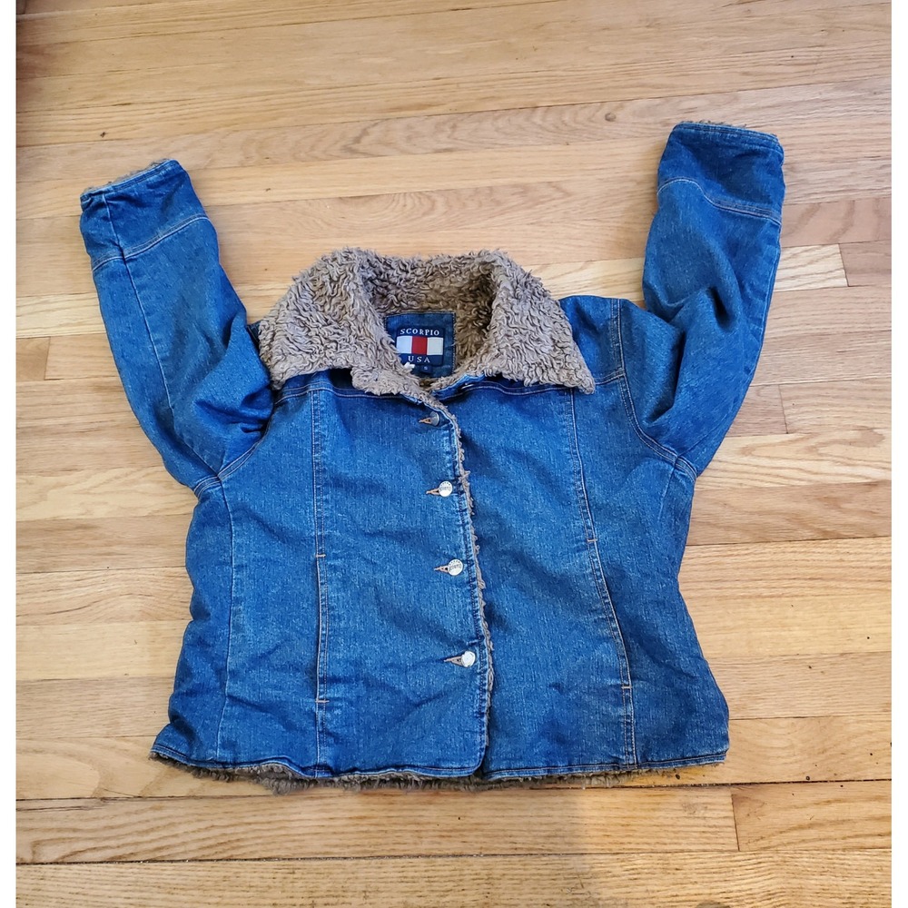 Vintage Scorpio USA Denim Jacket Faux Shearling Lined Sherpa Trucker Y2K Blue S